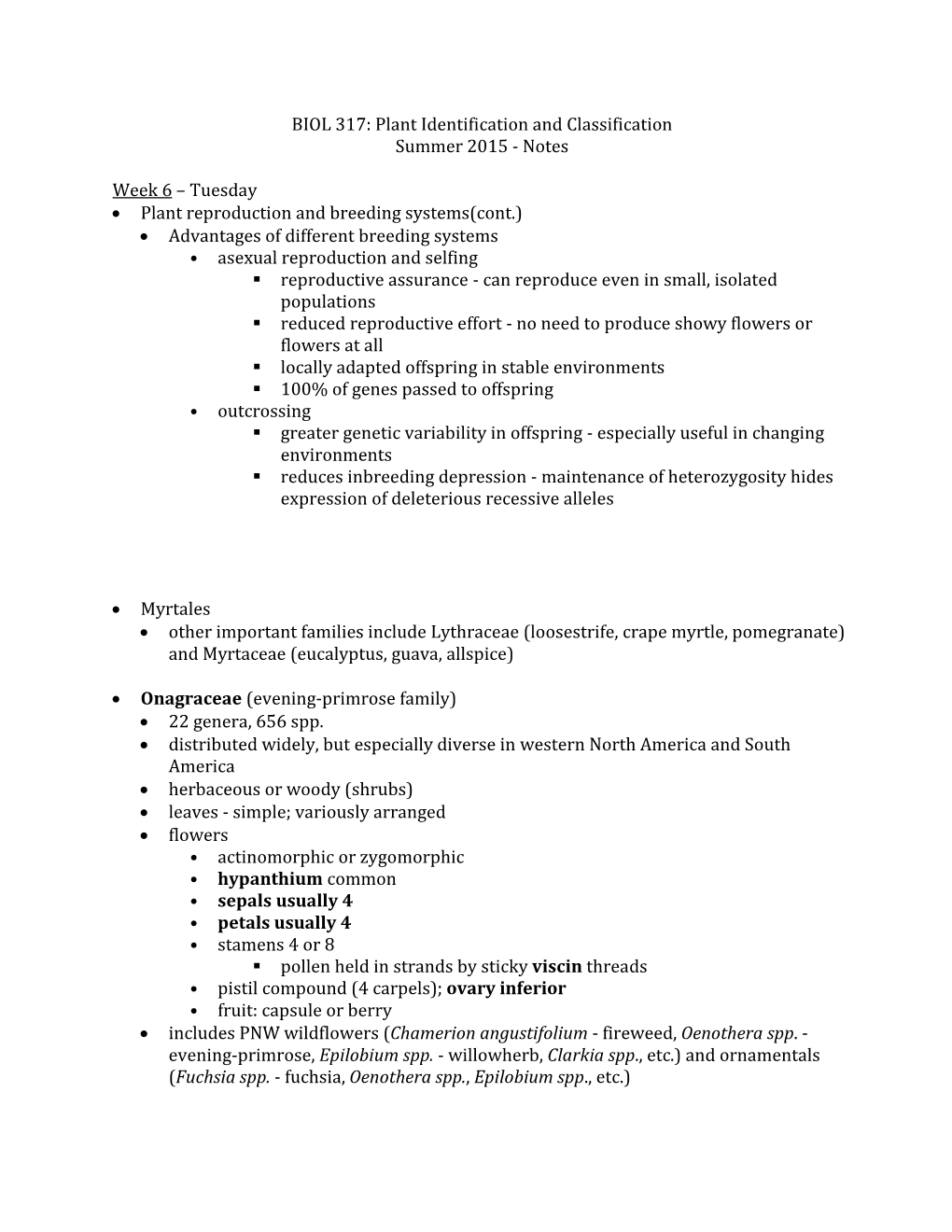 BIOL 317: Plant Identification and Classification Summer 2015 - Notes