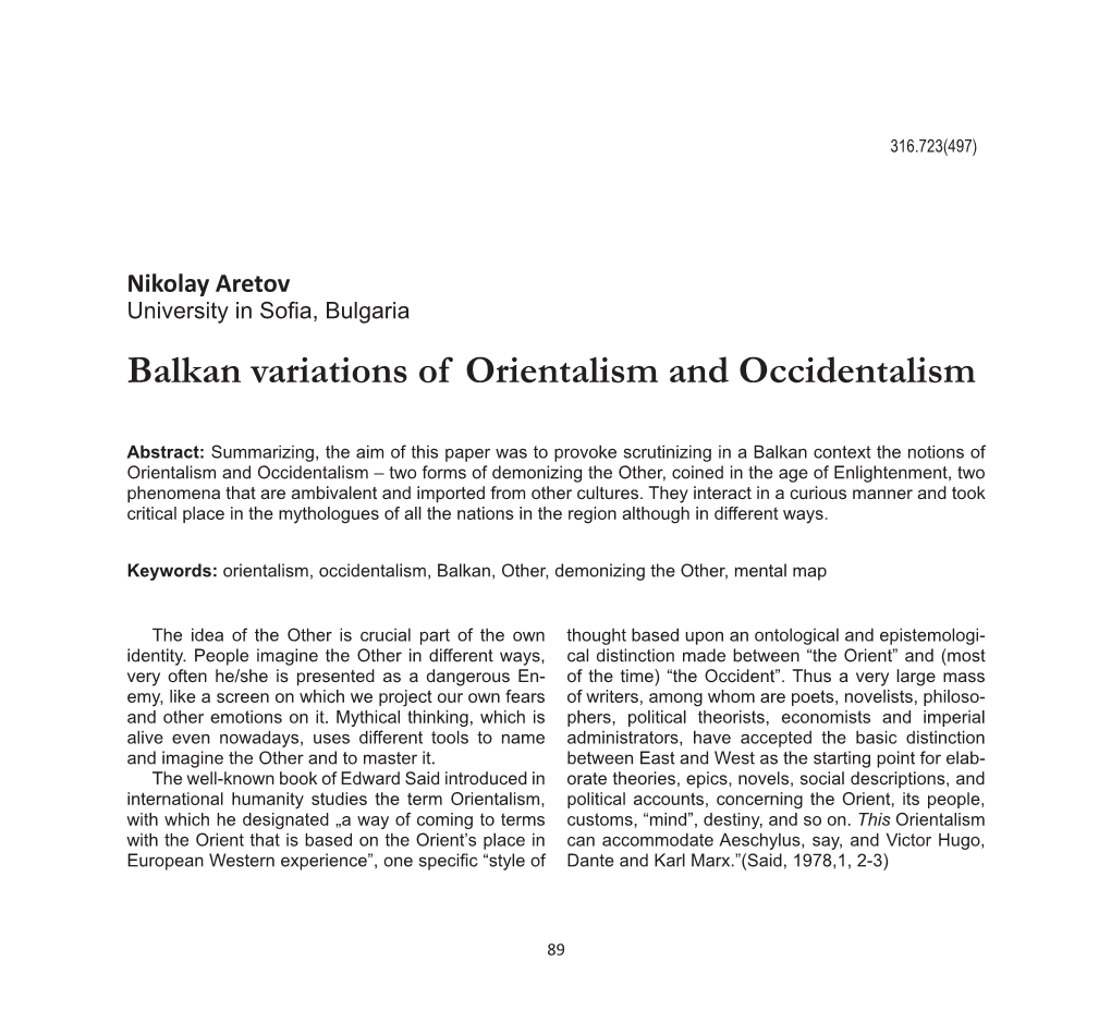 Balkan Variations of Orientalism and Occidentalism Nikolay Aretov