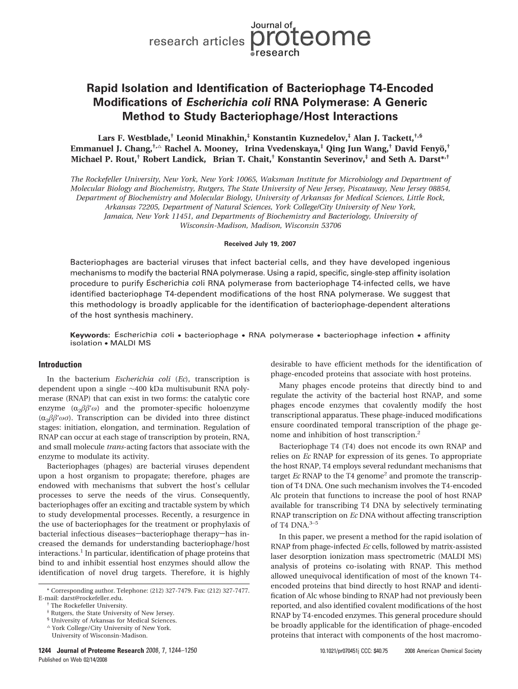 Rapid Isolation and Identification of Bacteriophage T4-Encoded Modifications of Escherichia Coli RNA Polymerase