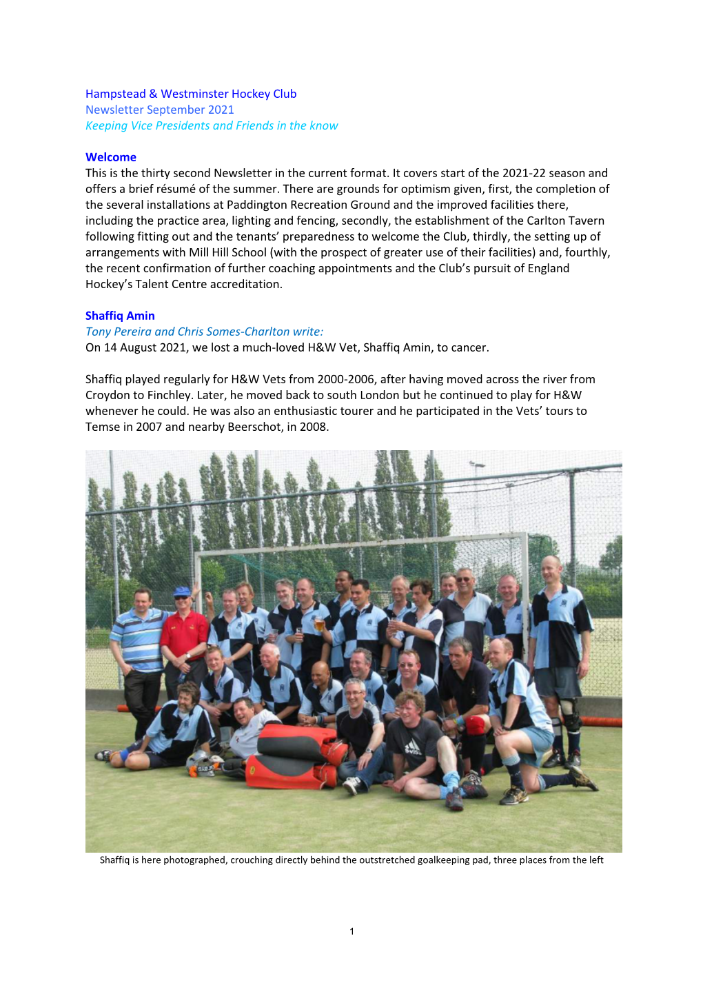 Hampstead & Westminster Hockey Club Newsletter September 2021