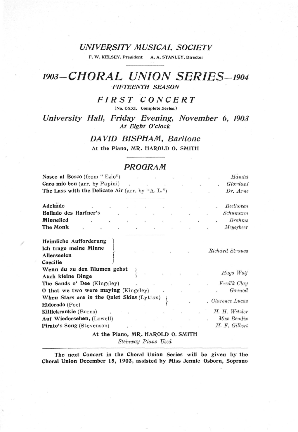 I903-CHORAL UNION SERIES-1904 FIFTEENTH SEASON FIRST CONCERT (No