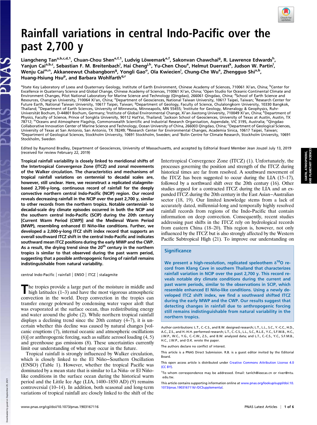 Rainfall Variations in Central Indo-Pacific Over the Past 2,700 Y