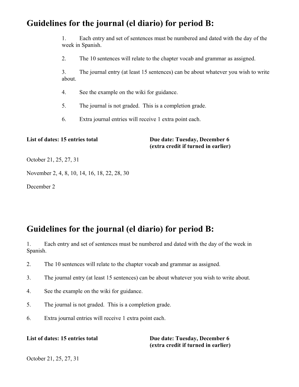 Guidelines for the Journal (El Diario) for Period B