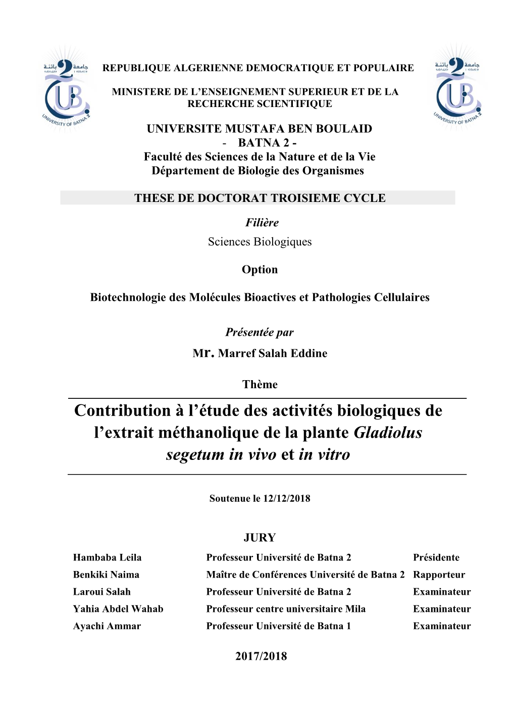 Contribution À L'étude Des Activités Biologiques De L'extrait