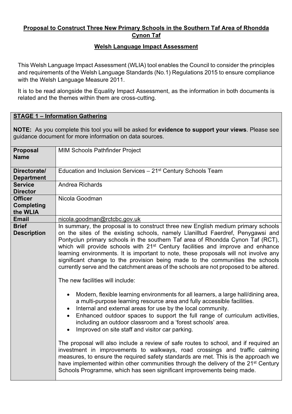 Proposal to Construct Three New Primary Schools in the Southern Taf Area of Rhondda Cynon Taf Welsh Language Impact Assessment