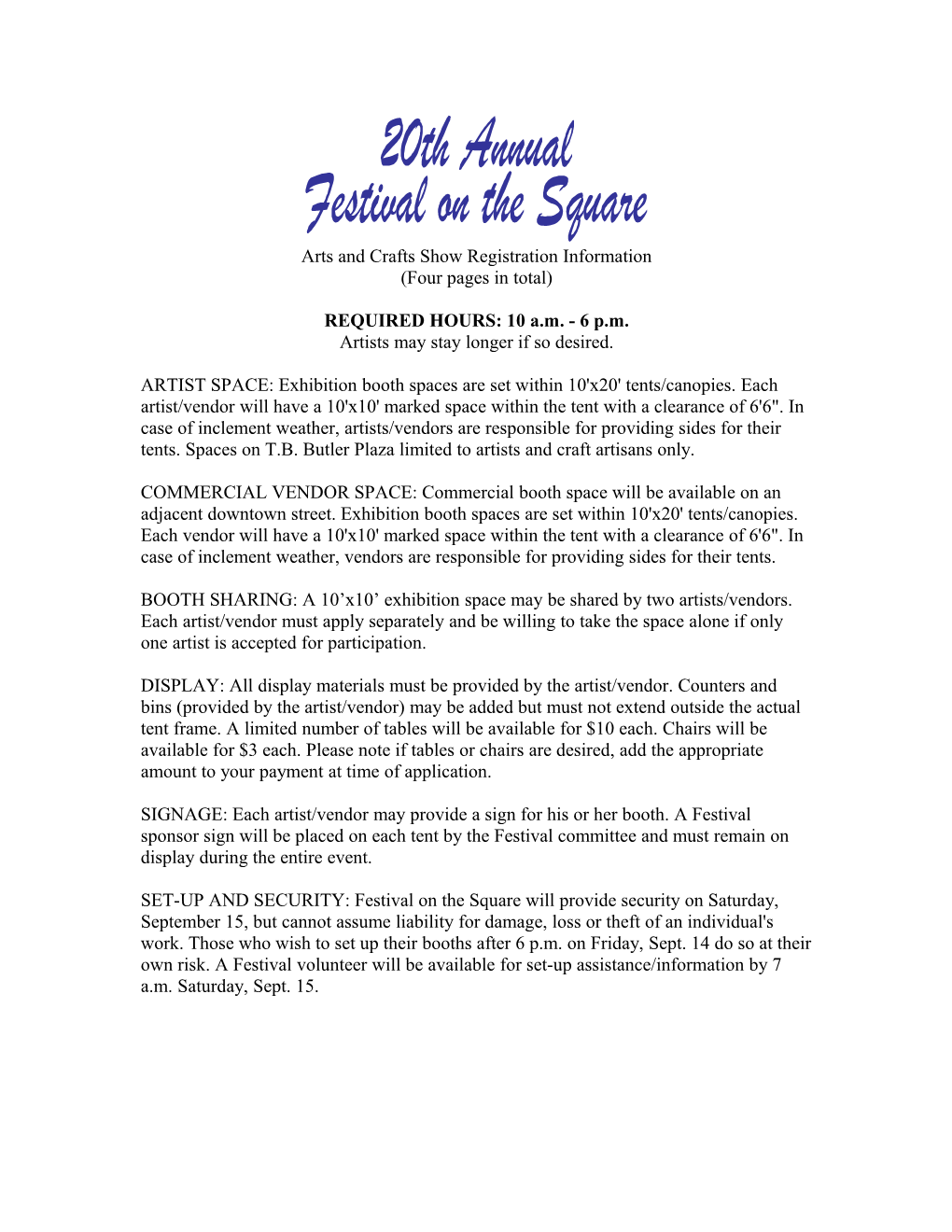 Arts and Crafts Show Registration Information