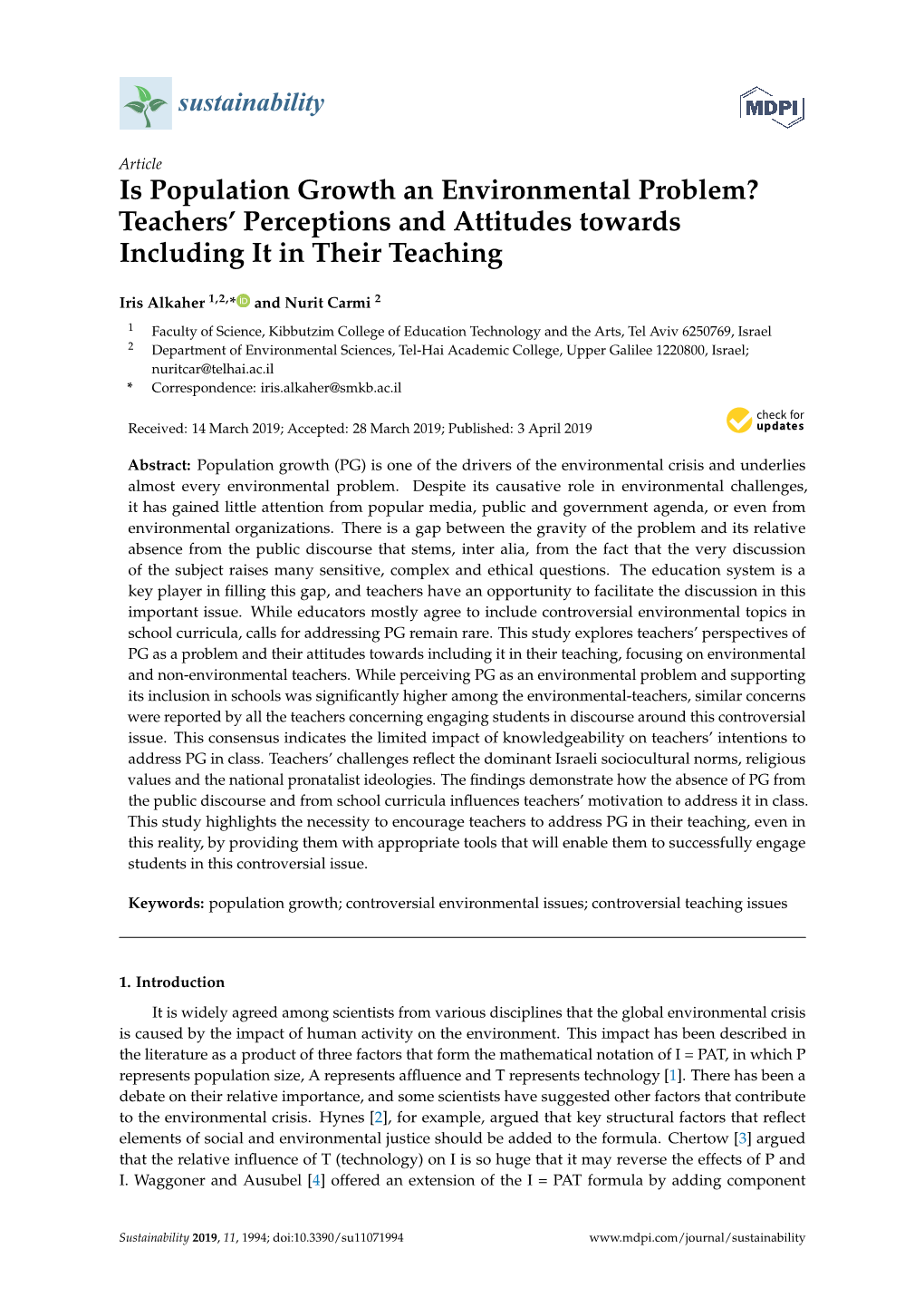 Is Population Growth an Environmental Problem? Teachers’ Perceptions and Attitudes Towards Including It in Their Teaching