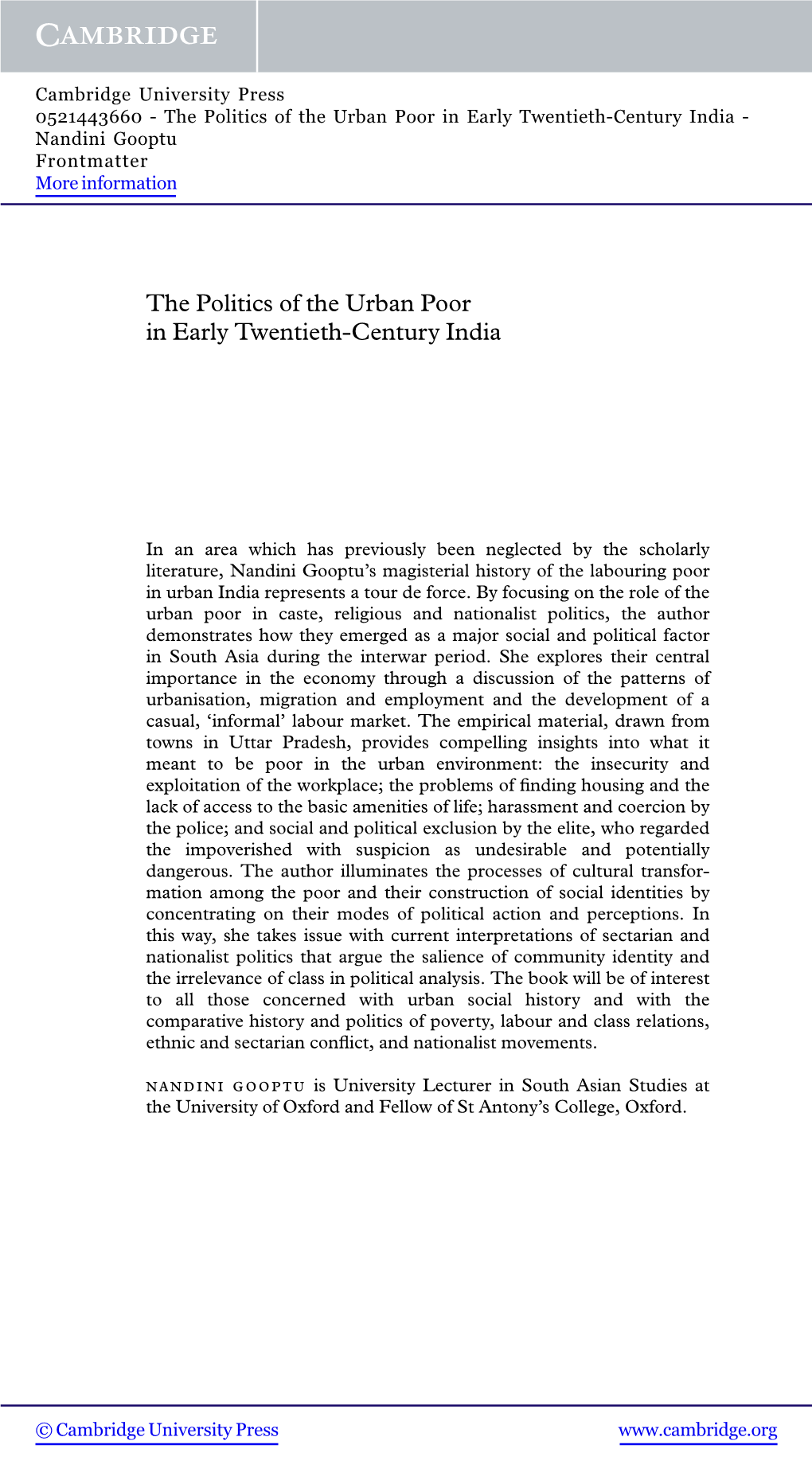 The Politics of the Urban Poor in Early Twentieth-Century India - Nandini Gooptu Frontmatter More Information