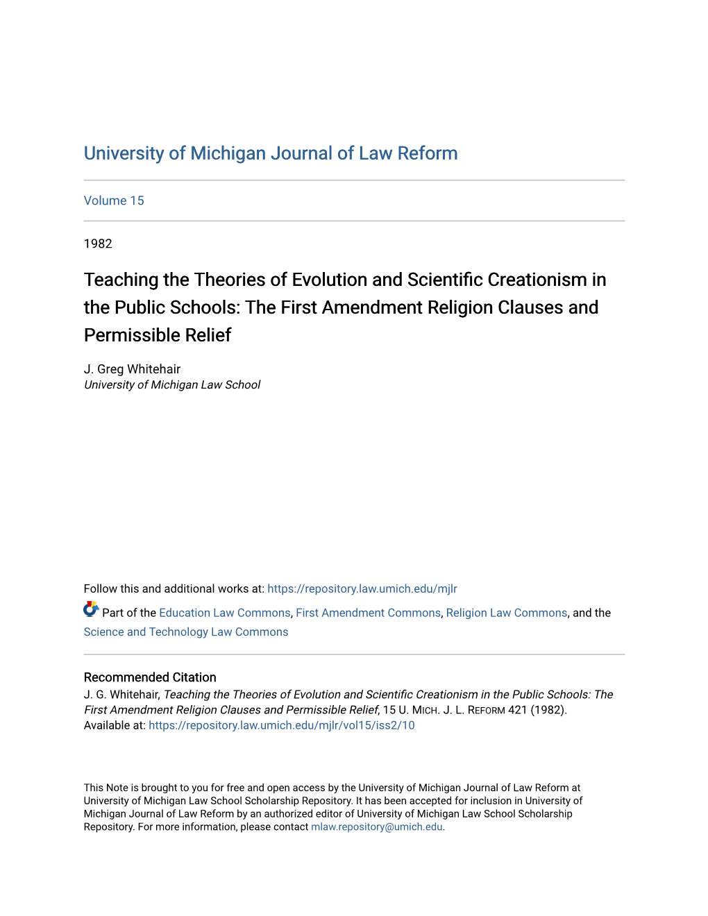 Teaching the Theories of Evolution and Scientific Creationism in the Public Schools: the First Amendment Religion Clauses and Permissible Relief