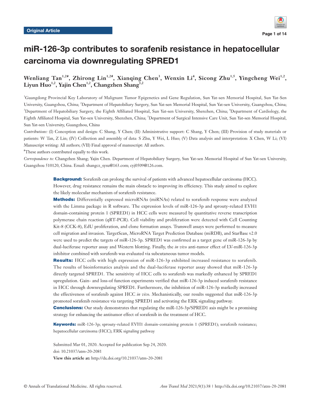 Mir-126-3P Contributes to Sorafenib Resistance in Hepatocellular Carcinoma Via Downregulating SPRED1