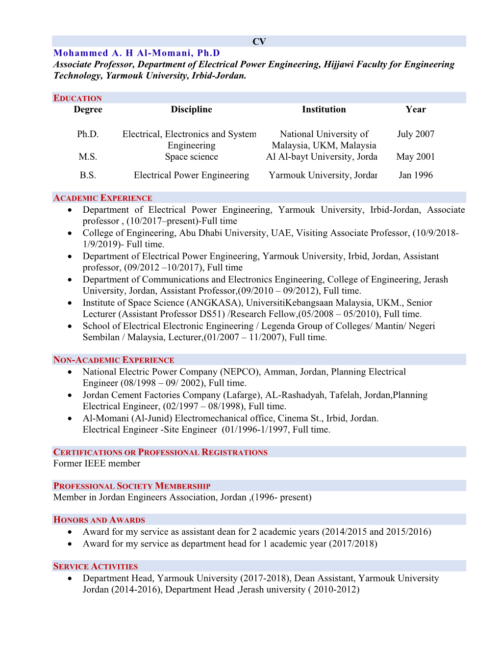 CV Mohammed A. H Al-Momani, Ph.D Associate Professor, Department Of