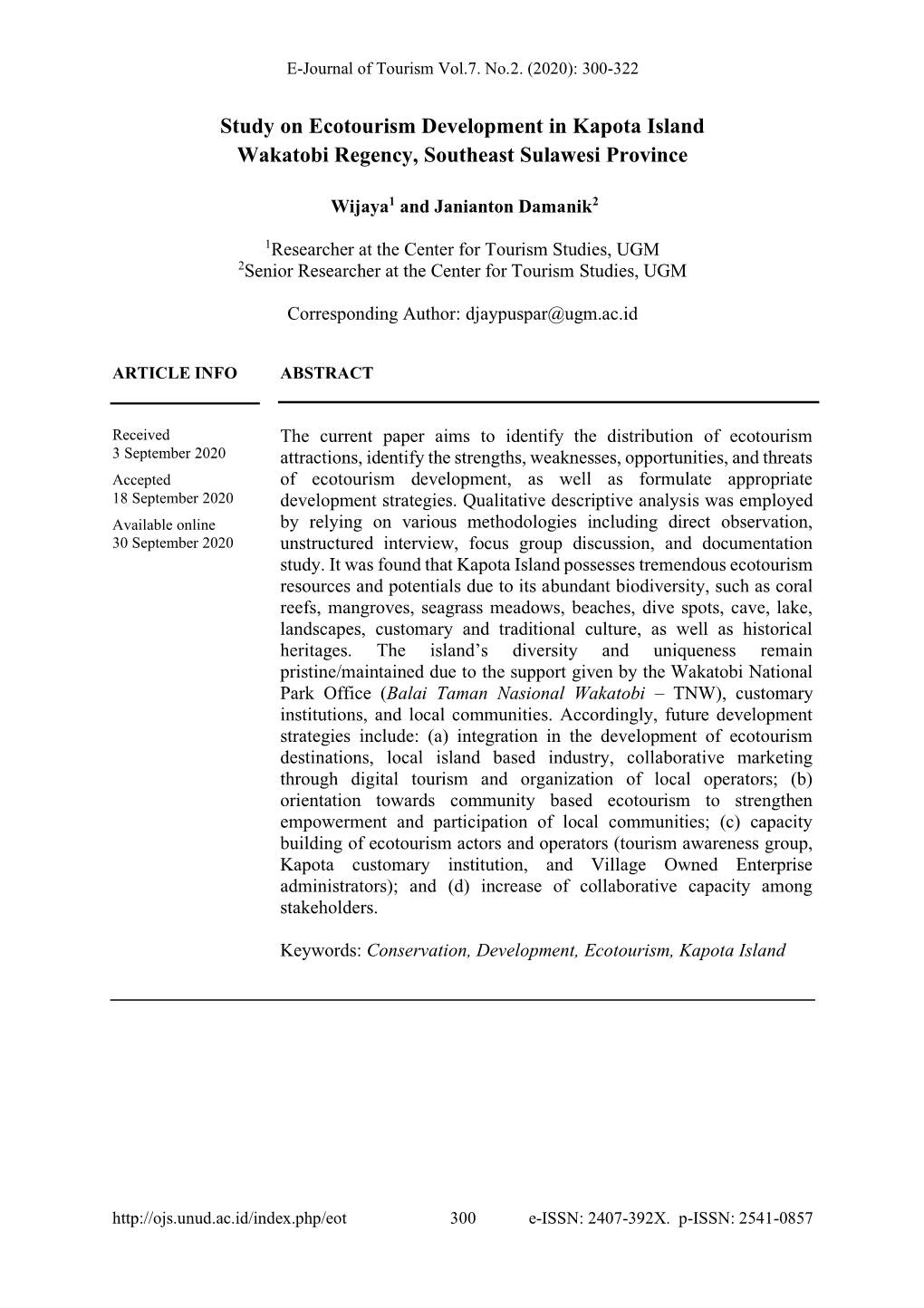 Study on Ecotourism Development in Kapota Island Wakatobi Regency, Southeast Sulawesi Province