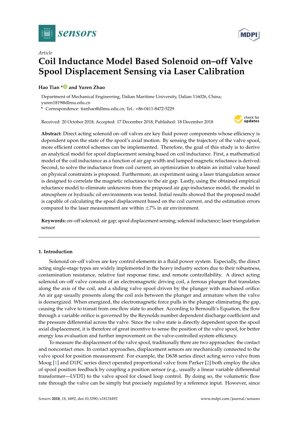 Coil Inductance Model Based Solenoid On–Off Valve Spool Displacement Sensing Via Laser Calibration