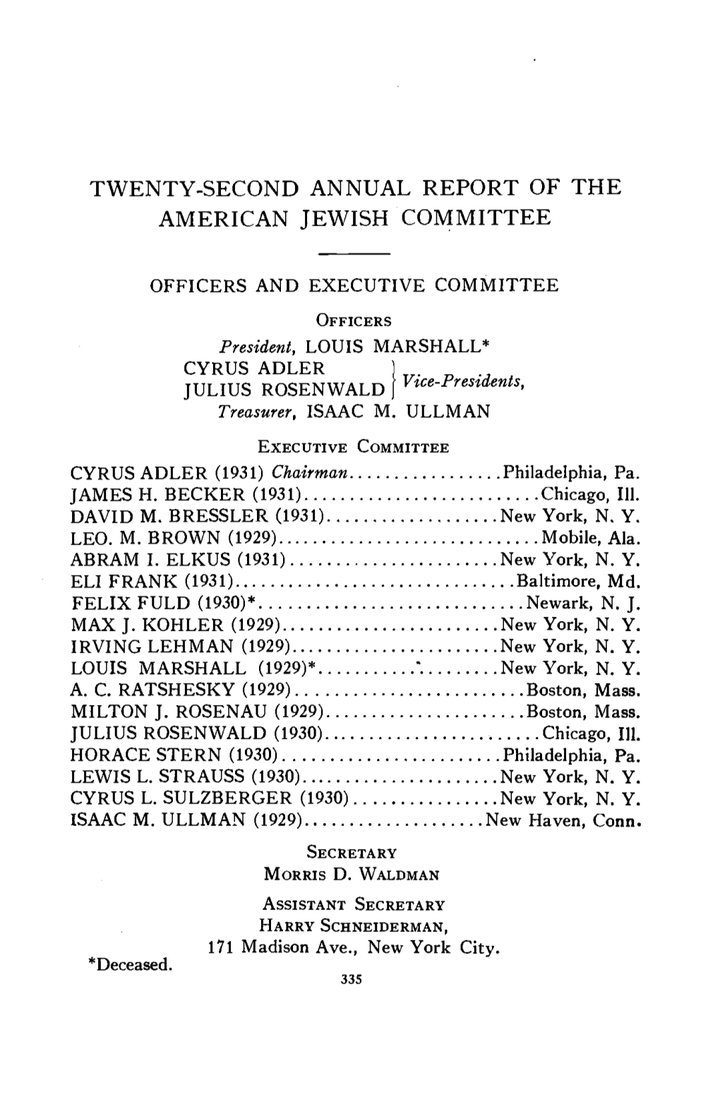 Twenty-Second Annual Report of the American Jewish Committee