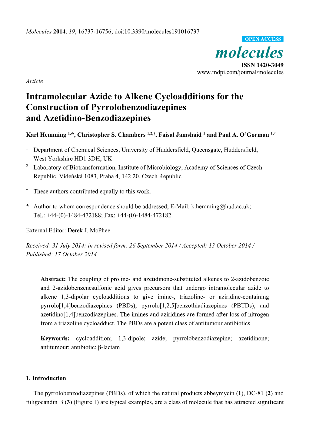 Intramolecular Azide to Alkene Cycloadditions for the Construction of Pyrrolobenzodiazepines and Azetidino-Benzodiazepines