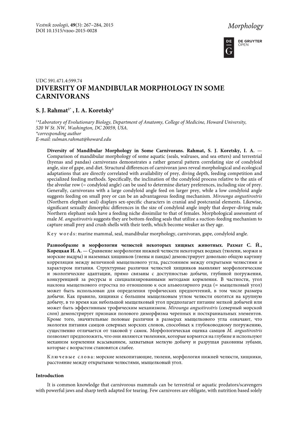 Diversity of Mandibular Morphology in Some Carnivorans