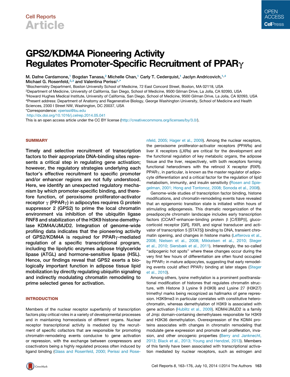 GPS2/KDM4A Pioneering Activity Regulates Promoter-Speciﬁc Recruitment of Pparg