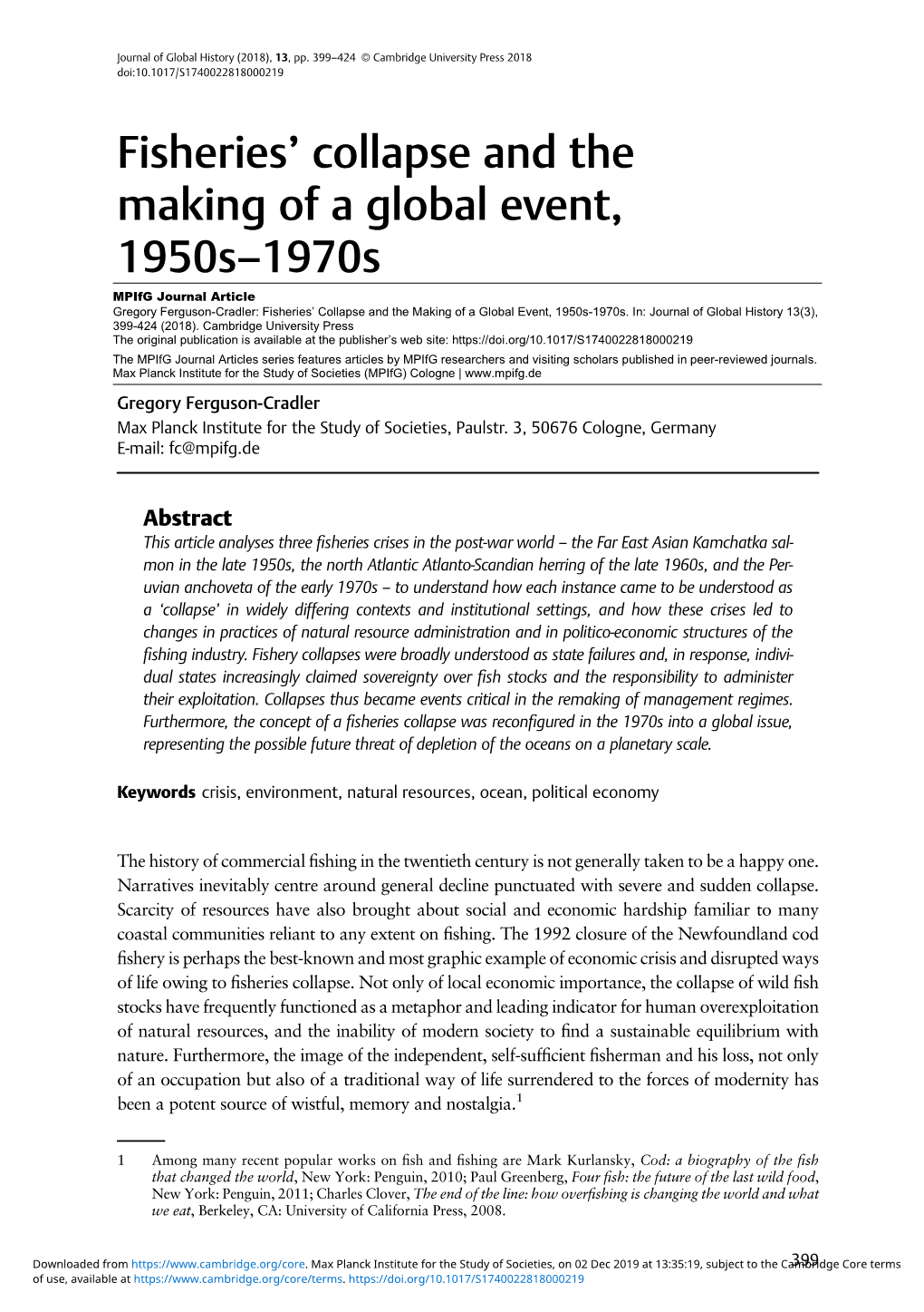 Fisheries' Collapse and the Making of a Global Event, 1950S–1970S
