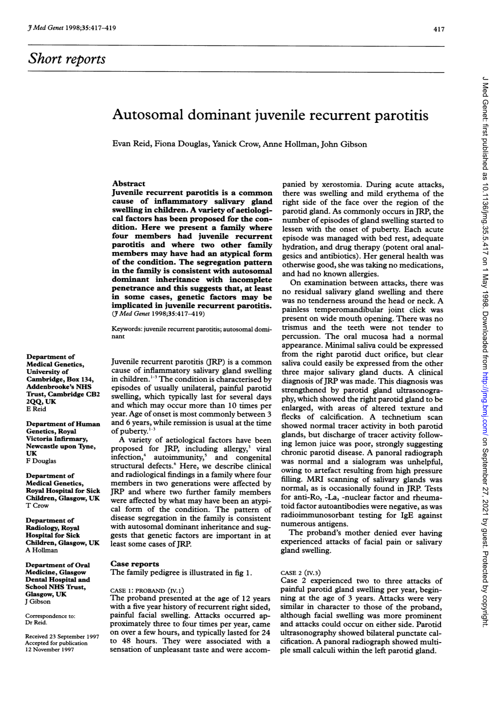 Short Reports J Med Genet: First Published As 10.1136/Jmg.35.5.417 on 1 May 1998