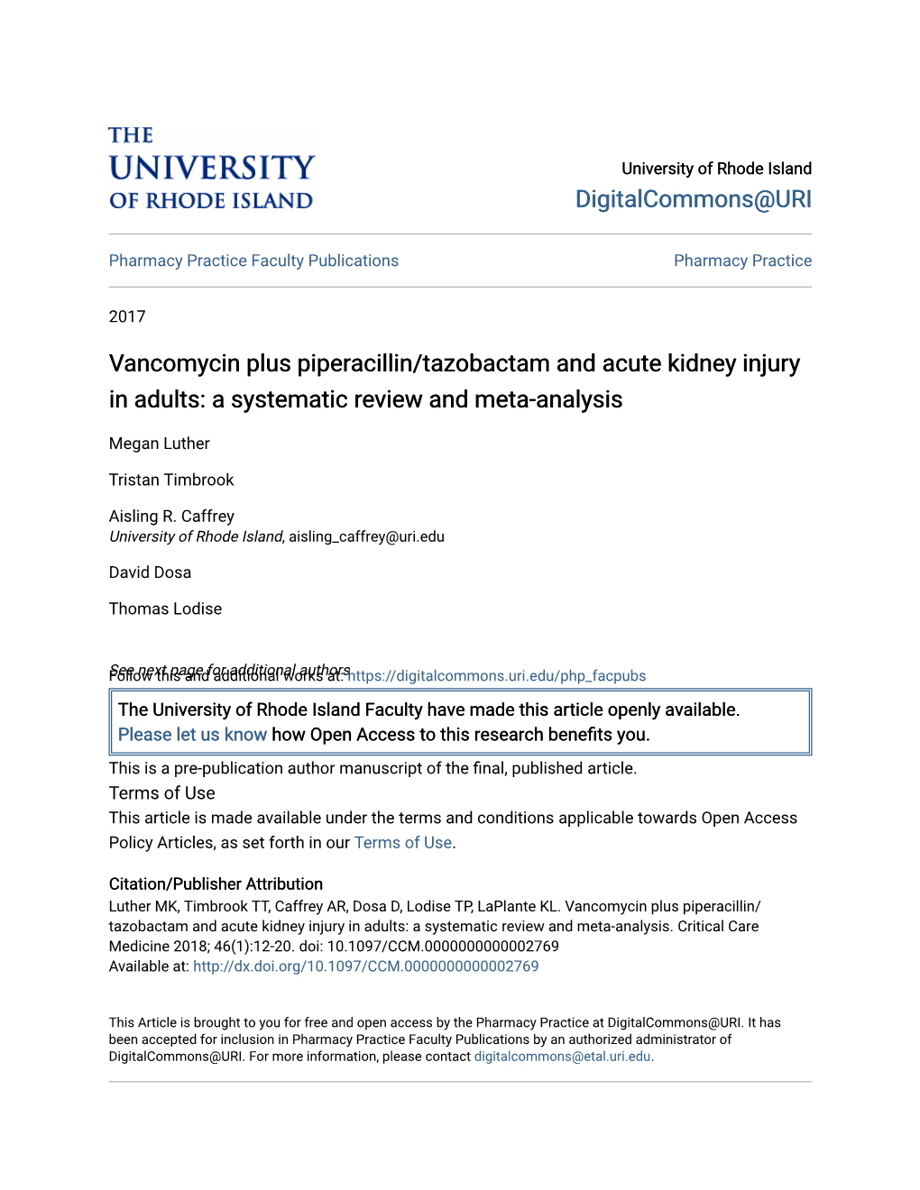 Vancomycin Plus Piperacillin/Tazobactam and Acute Kidney Injury in Adults: a Systematic Review and Meta-Analysis