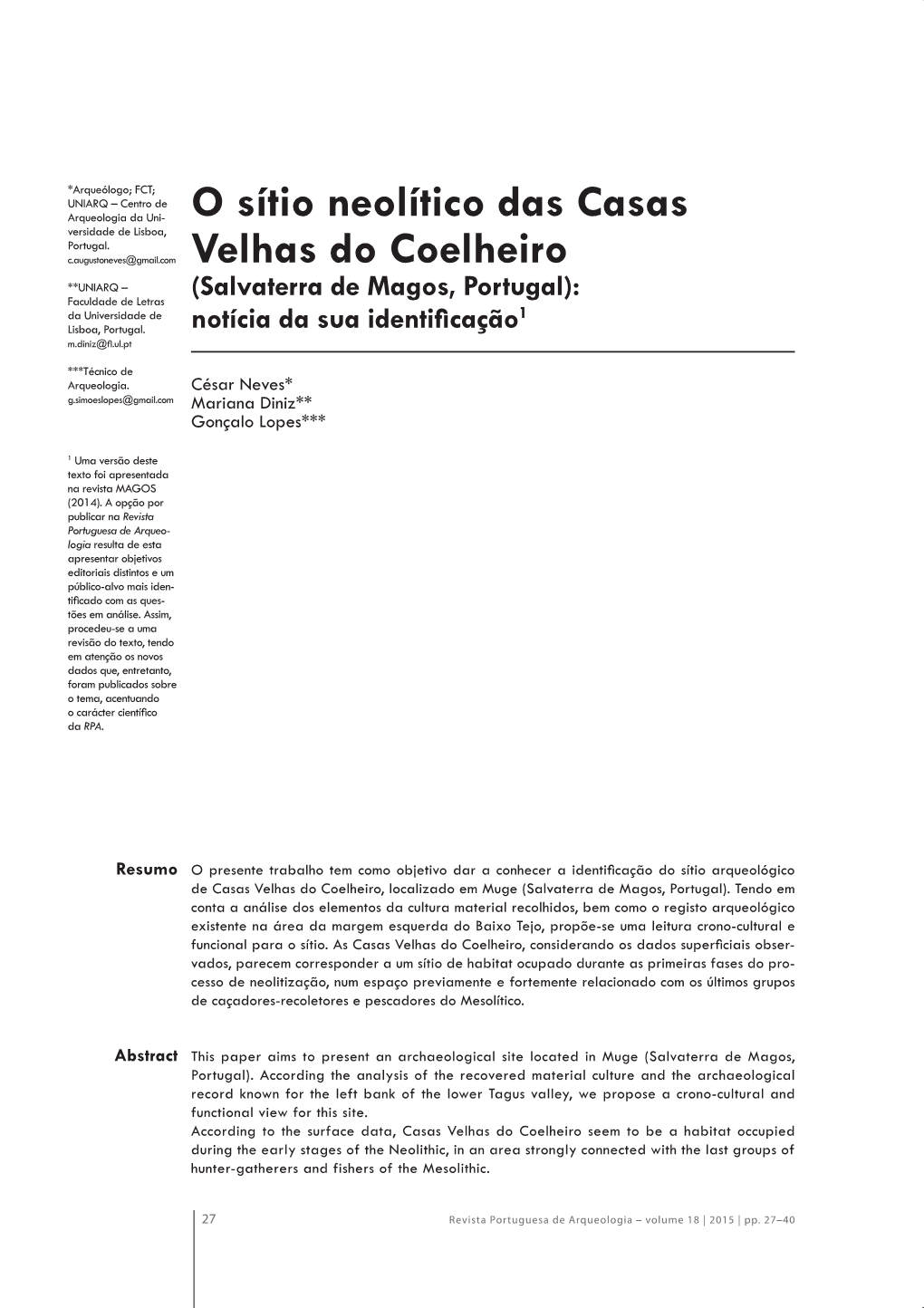 O Sítio Neolítico Das Casas Velhas Do Coelheiro (Salvaterra De Magos, Portugal): Notícia Da Sua Identificação