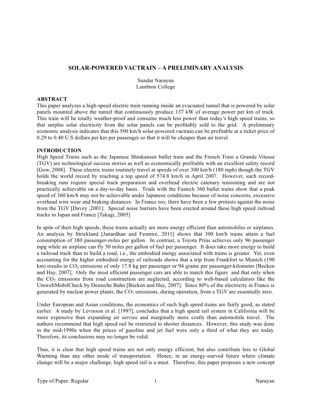 Solar-Powered Vactrain – a Preliminary Analysis