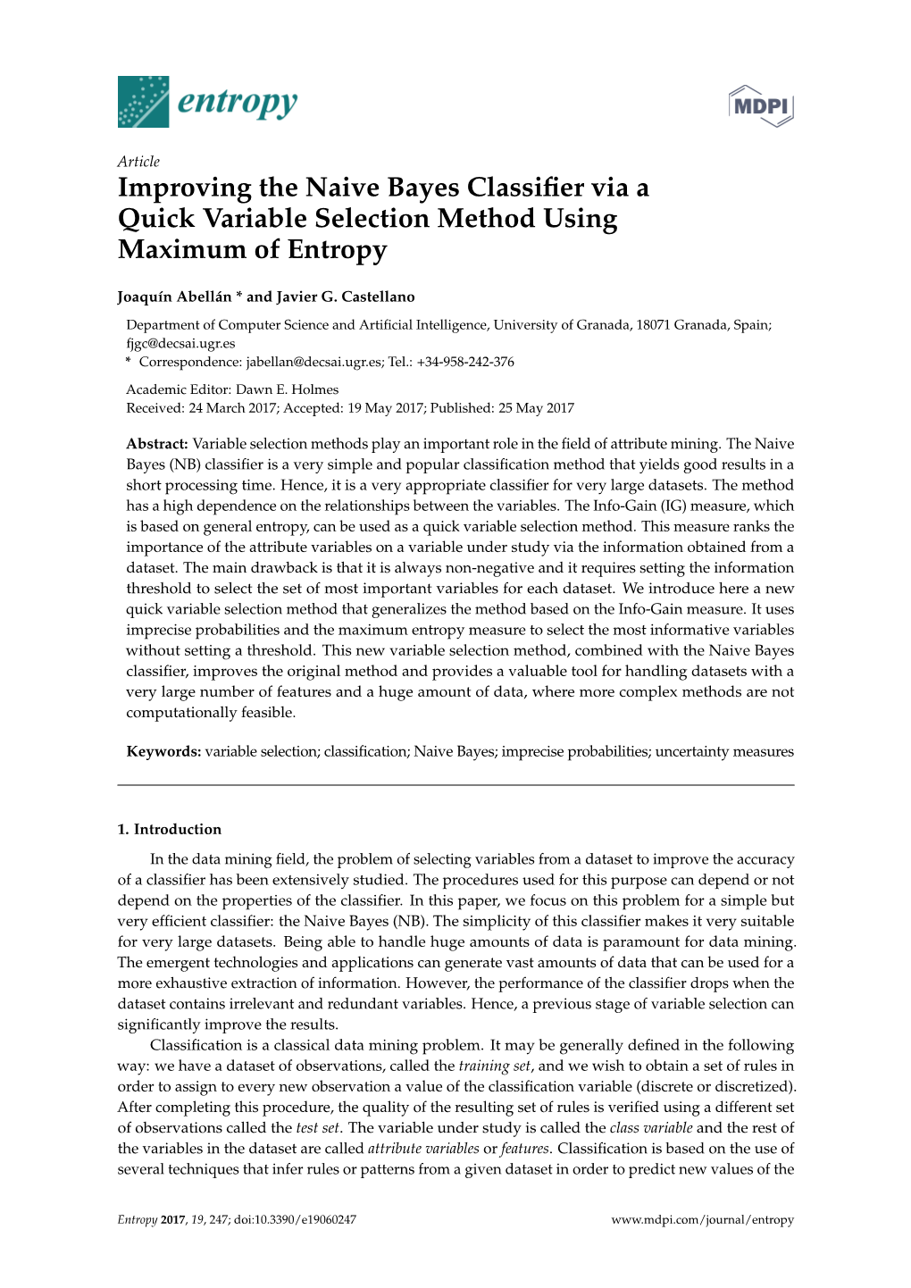 Improving the Naive Bayes Classifier Via a Quick Variable Selection