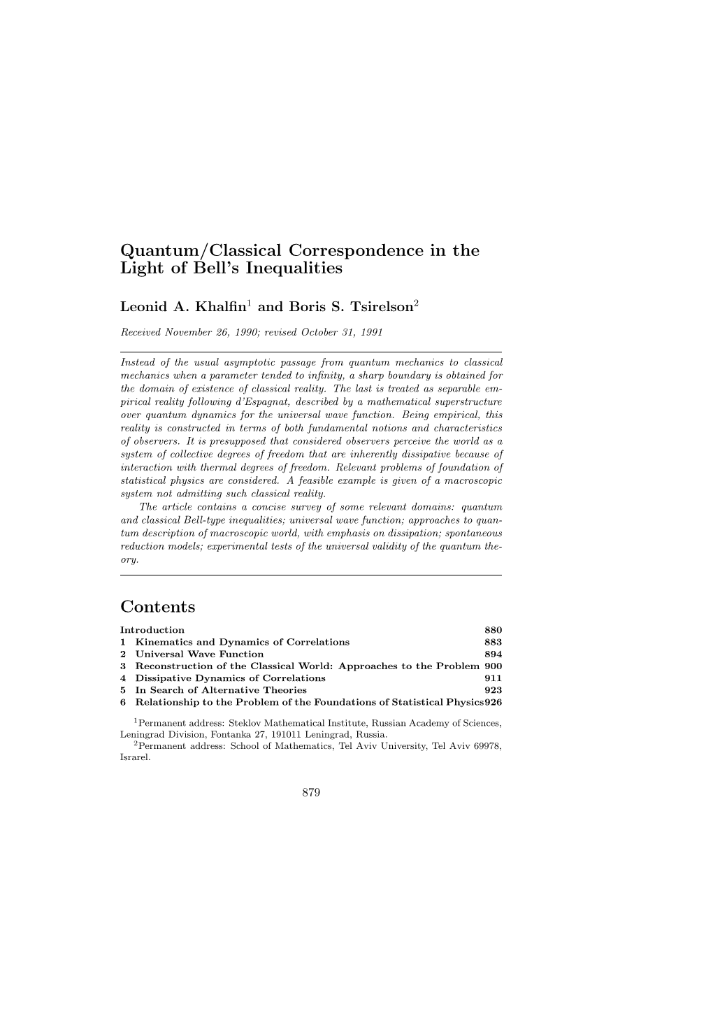 Quantum/Classical Correspondence in the Light of Bell's Inequalities Contents