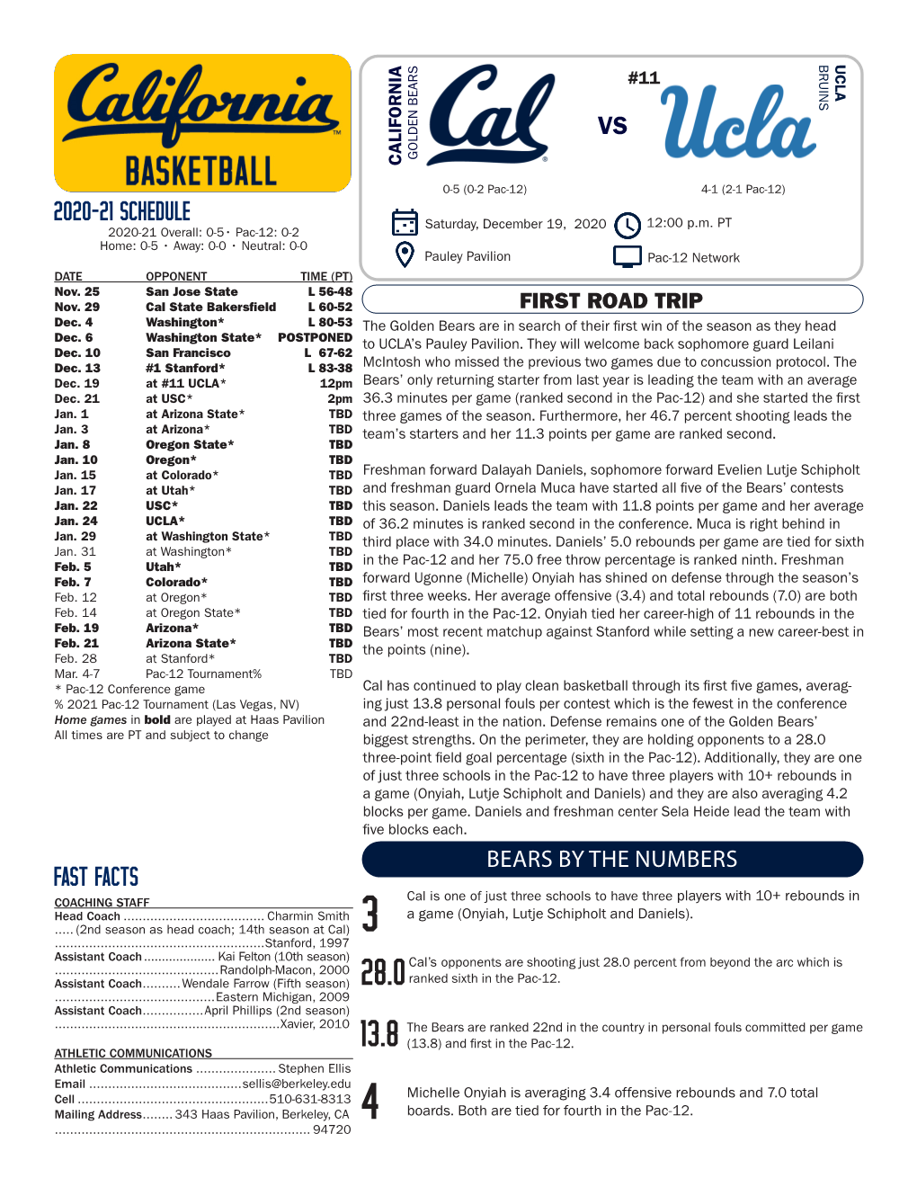 2020-21 Schedule Fast Facts Bears by the Numbers