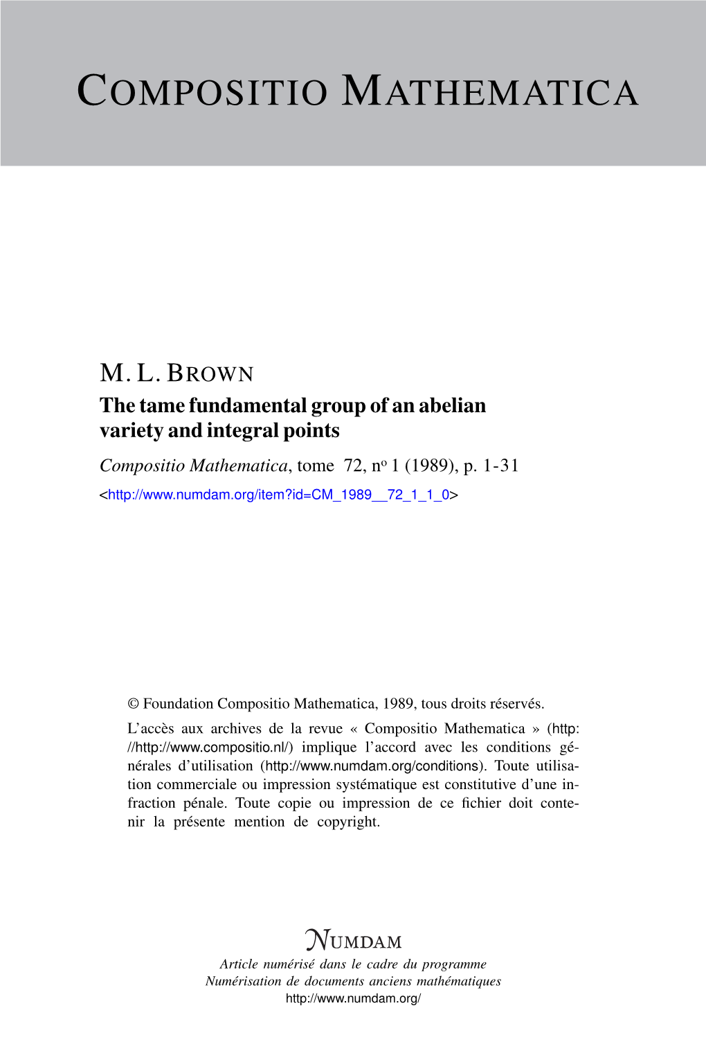 The Tame Fundamental Group of an Abelian Variety and Integral Points Compositio Mathematica, Tome 72, No 1 (1989), P