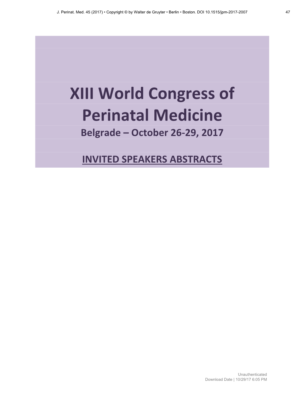 XIII World Congress of Perinatal Medicine Belgrade – October 26-29, 2017