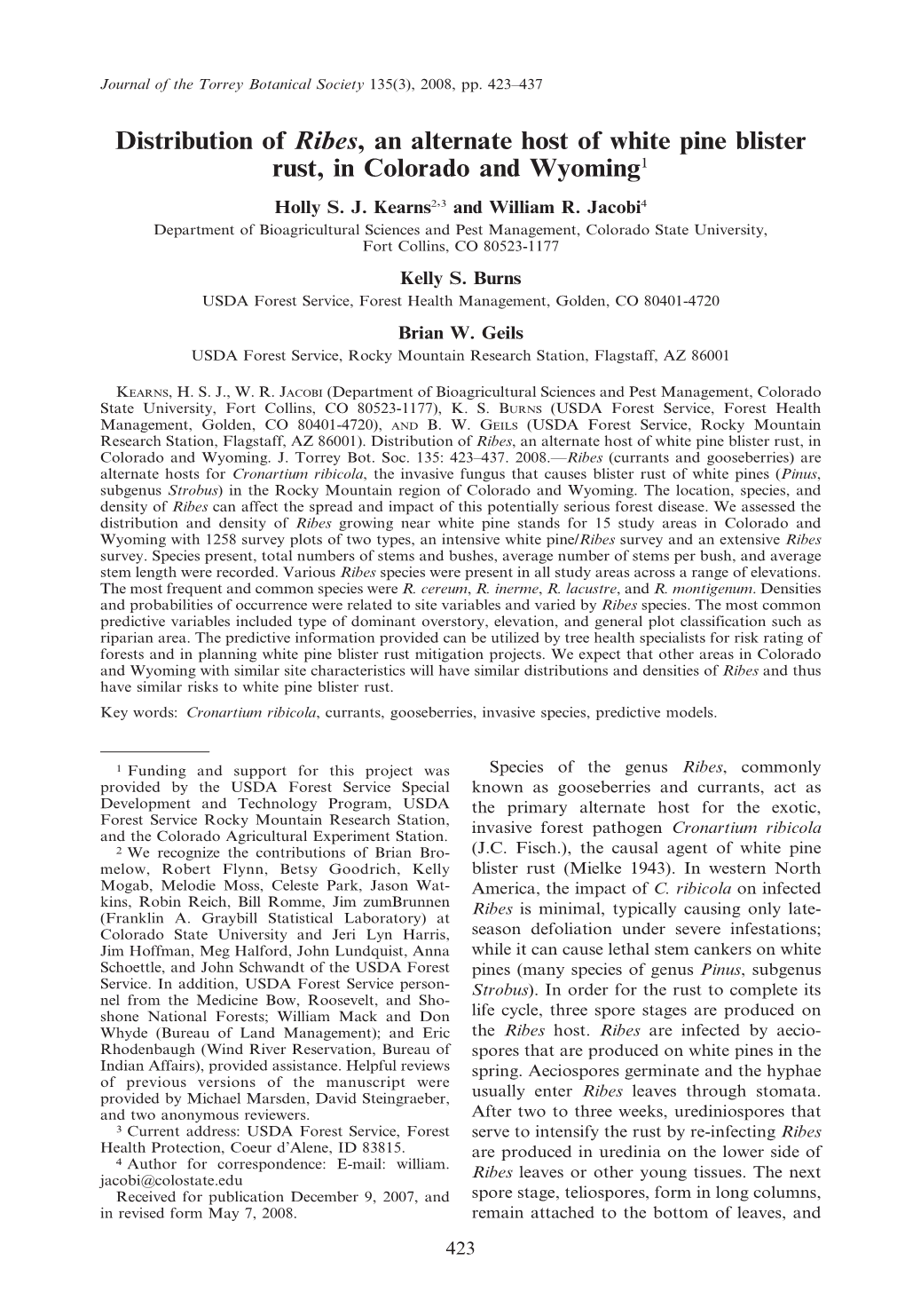 Distribution of Ribes, an Alternate Host of White Pine Blister Rust, in Colorado and Wyoming1 Holly S