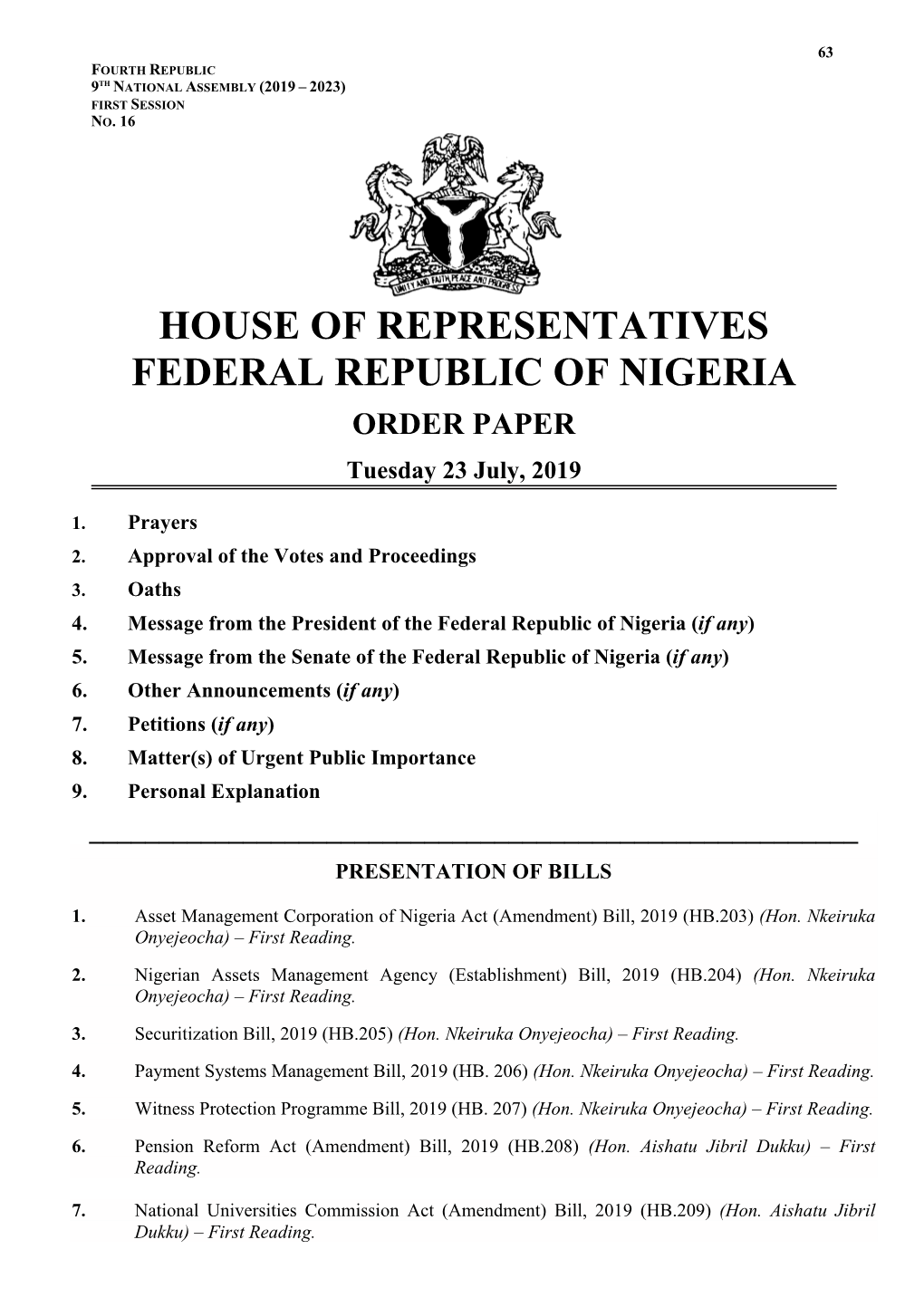 House of Representatives Federal Republic of Nigeria Order Paper