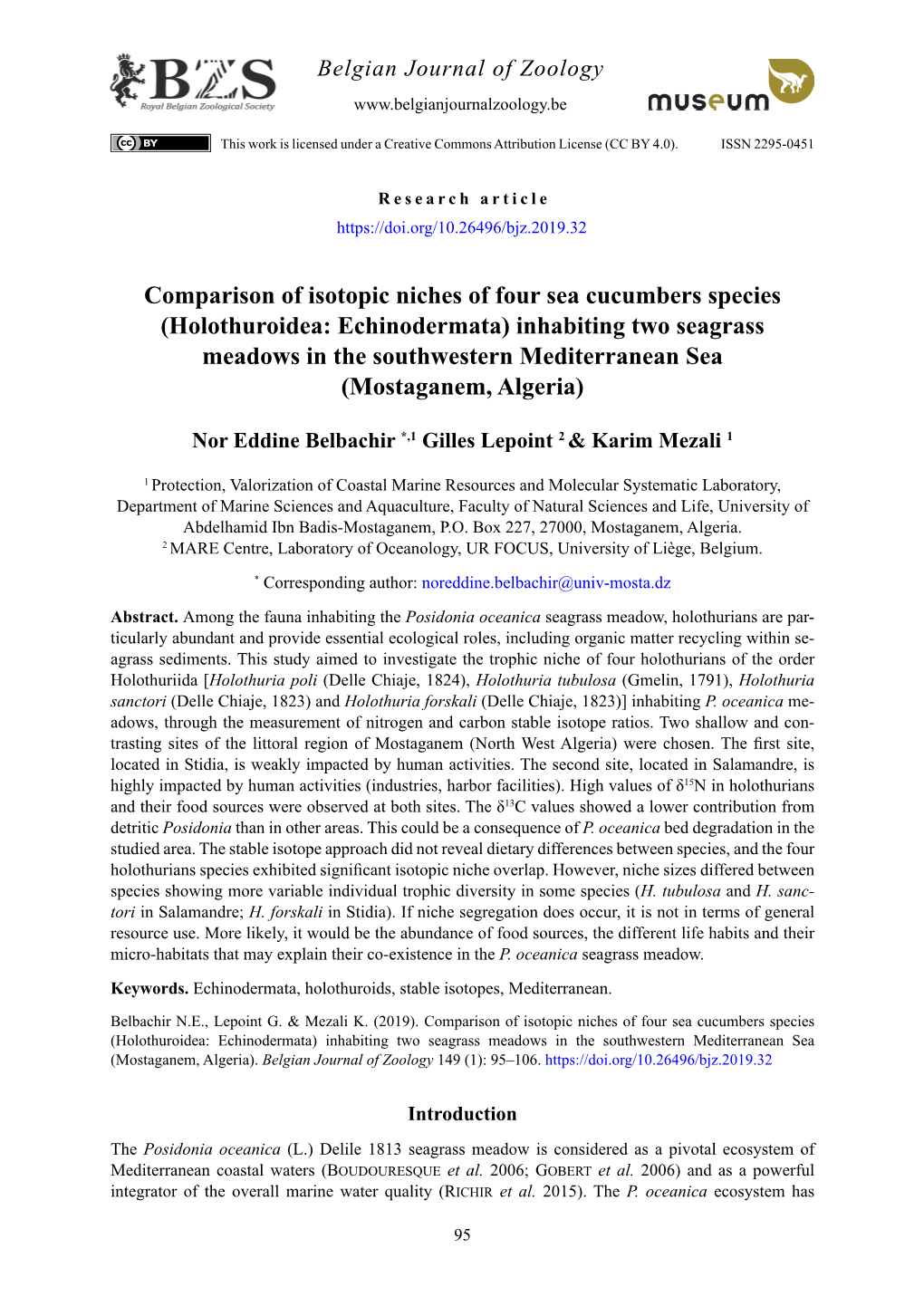 Holothuroidea: Echinodermata) Inhabiting Two Seagrass Meadows in the Southwestern Mediterranean Sea (Mostaganem, Algeria)