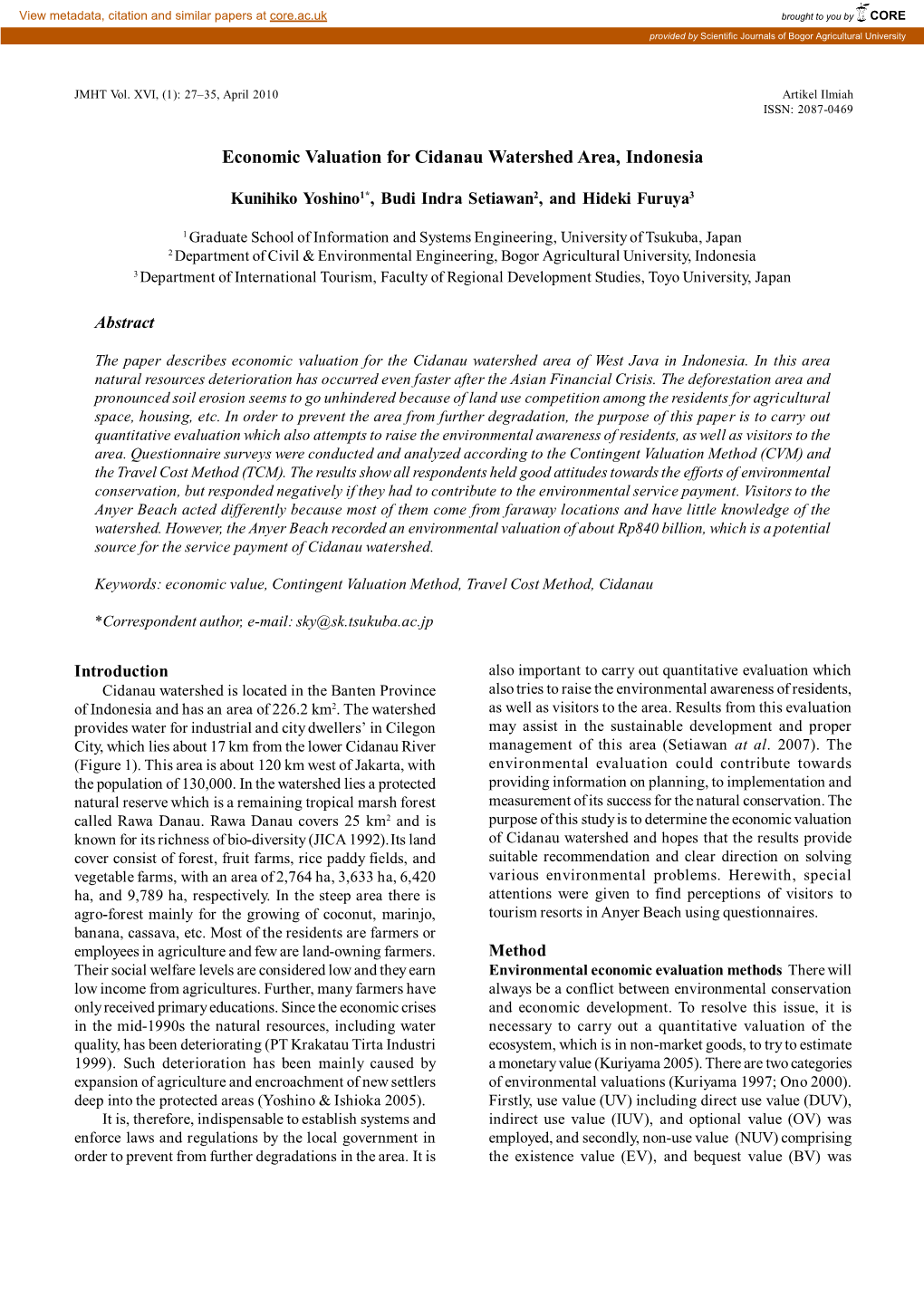 Economic Valuation for Cidanau Watershed Area, Indonesia