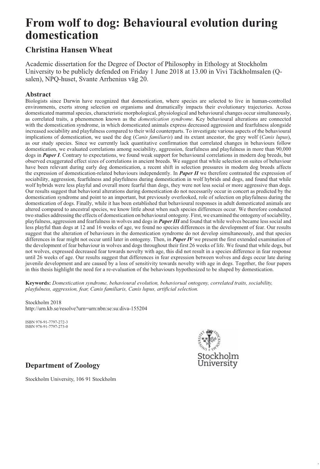 From Wolf to Dog: Behavioural Evolution During Domestication