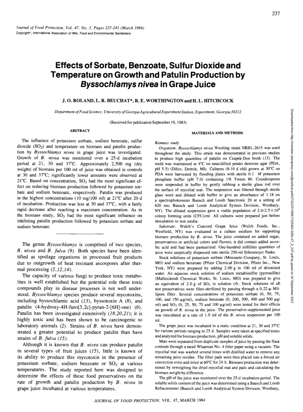 Effects of Sorbate, Benzoate, Sulfur Dioxide and Temperature on Growth and Patulin Production by Byssochlamys Nivea in Grape Juice