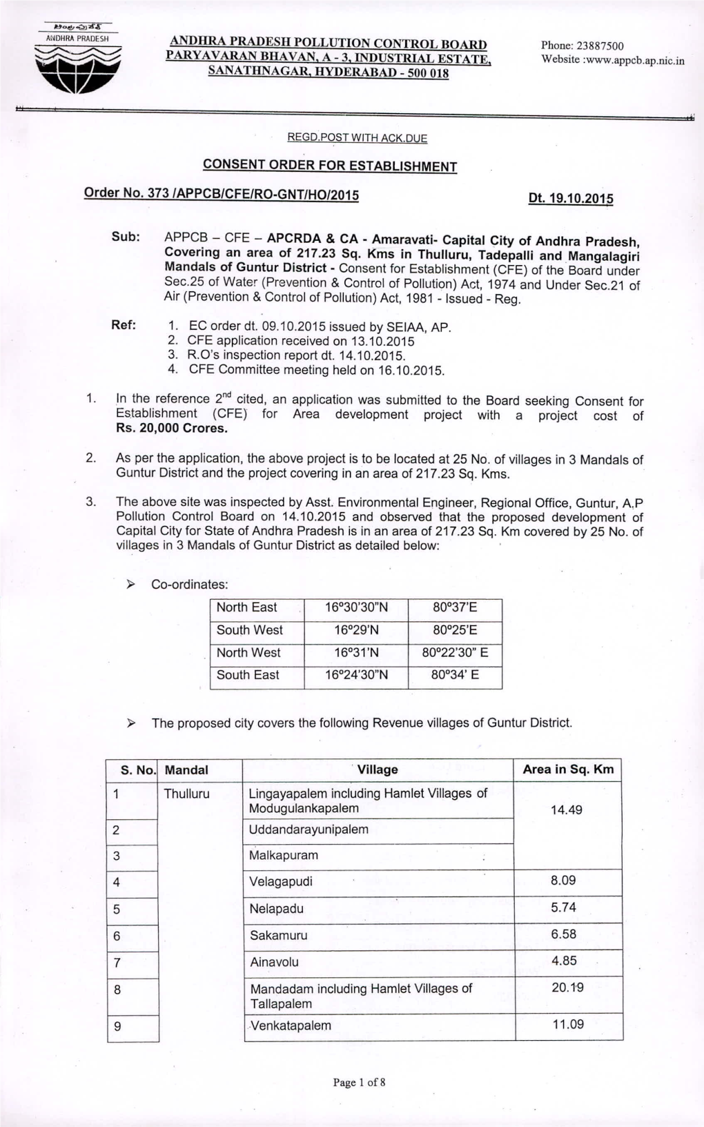 Amaravati- Capital City of Andhra Pradesh, Covering an Area of 217.23 Sq