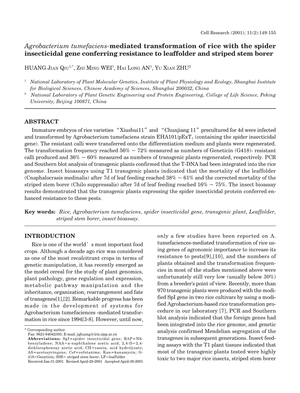 Agrobacterium Tumefaciens-Mediated Transformation of Rice with the Spider Insecticidal Gene Conferring Resistance to Leaffolder and Striped Stem Borer