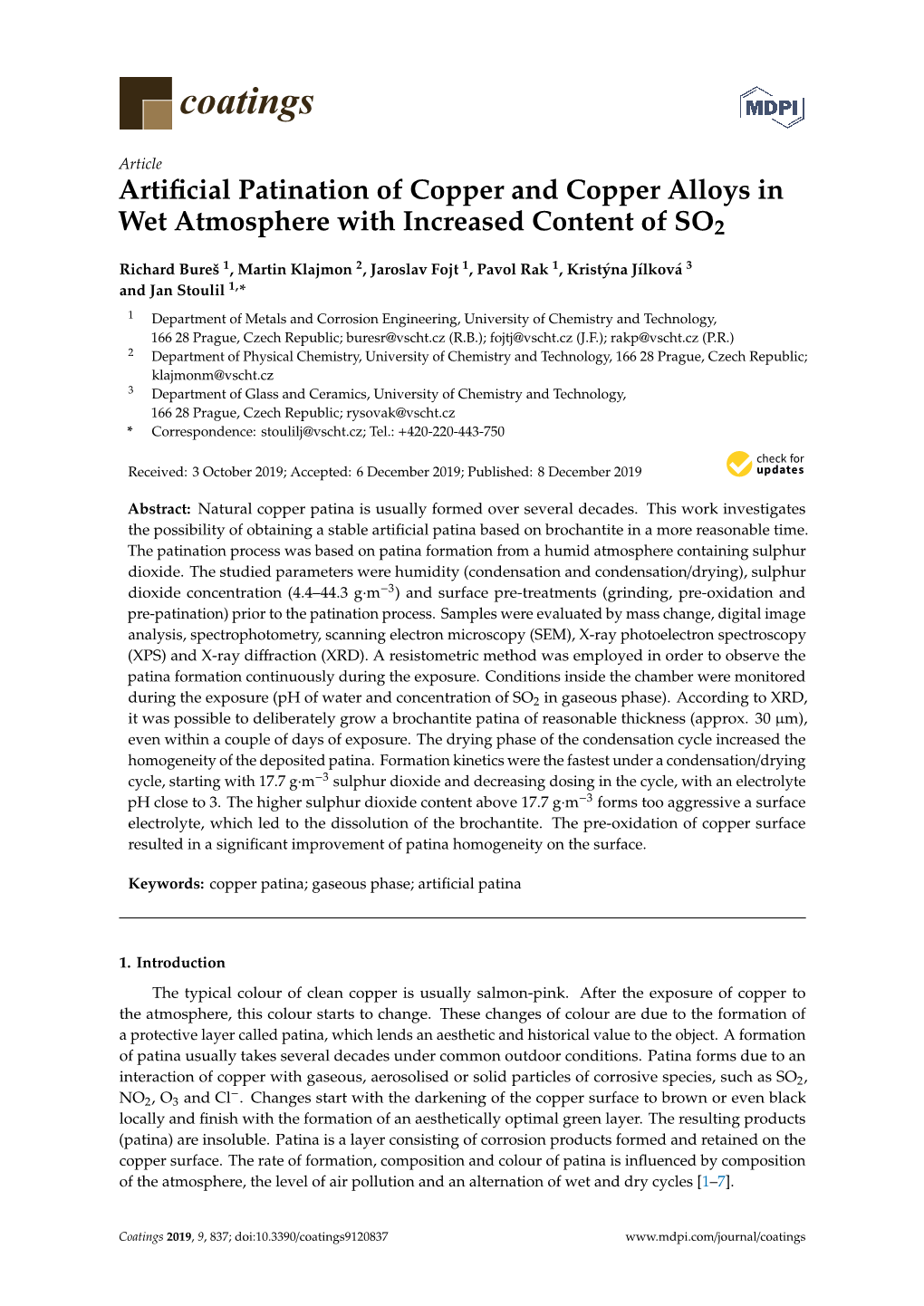 Artificial Patination of Copper and Copper Alloys in Wet Atmosphere