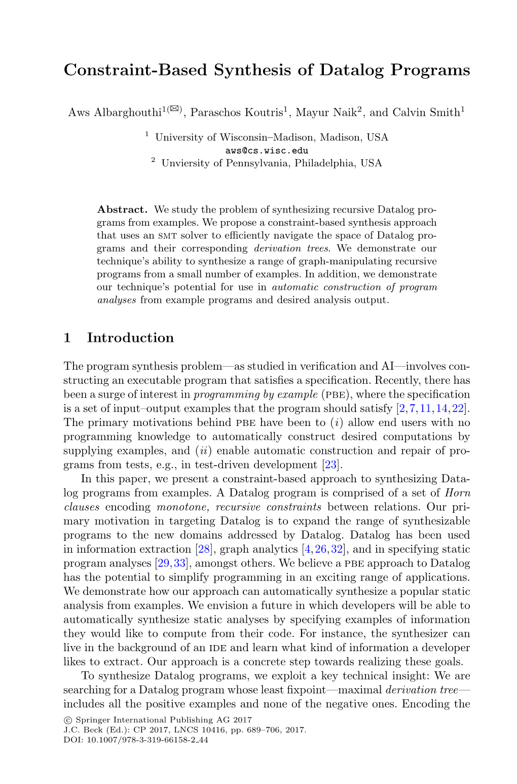 Constraint-Based Synthesis of Datalog Programs