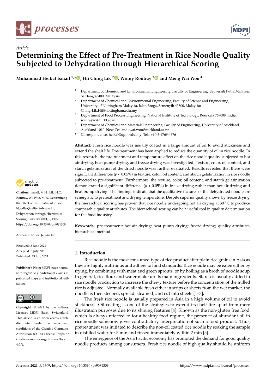 Determining the Effect of Pre-Treatment in Rice Noodle Quality Subjected to Dehydration Through Hierarchical Scoring