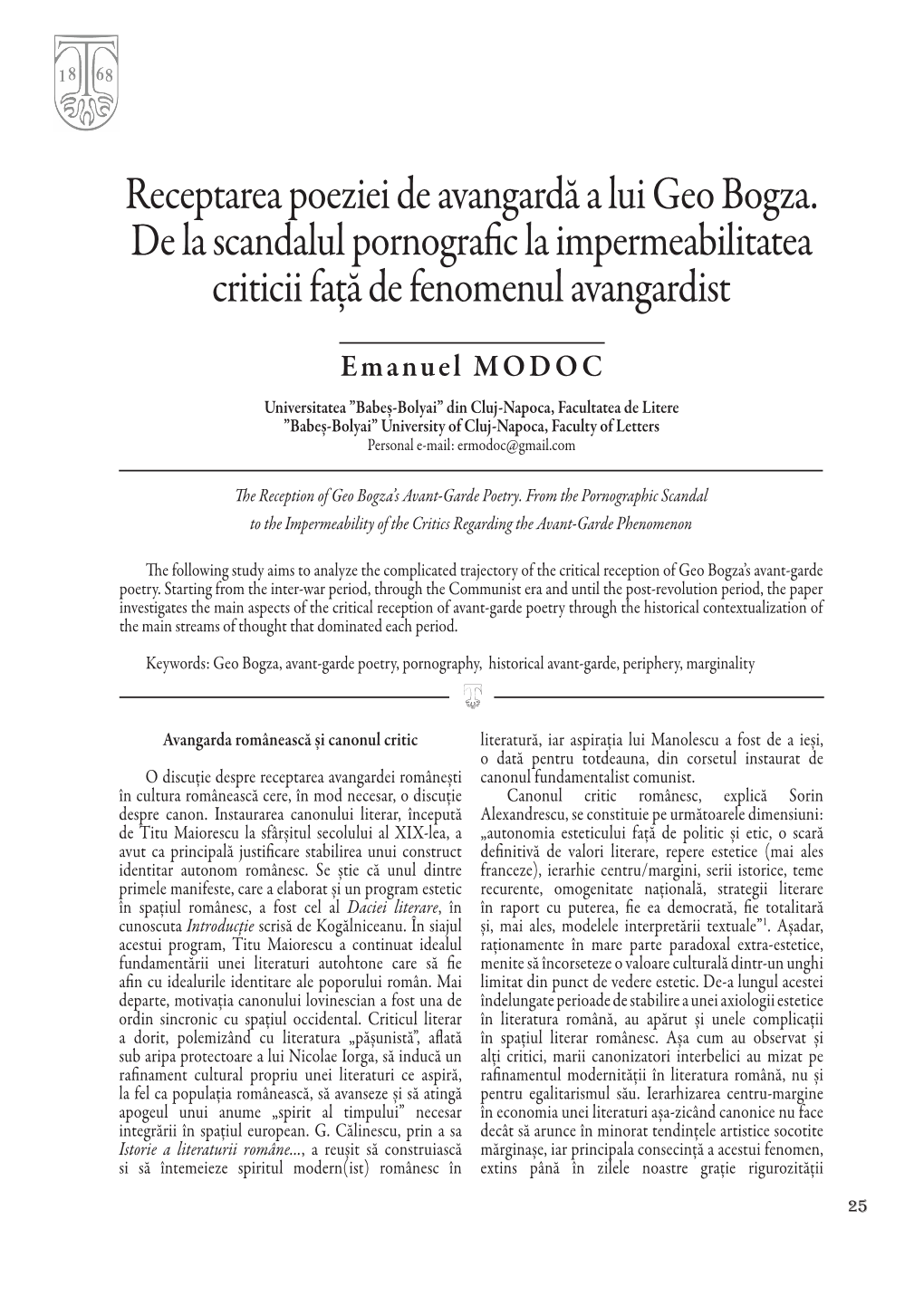 Receptarea Poeziei De Avangardă a Lui Geo Bogza. De La Scandalul Pornografic La Impermeabilitatea Criticii Față De Fenomenul Avangardist
