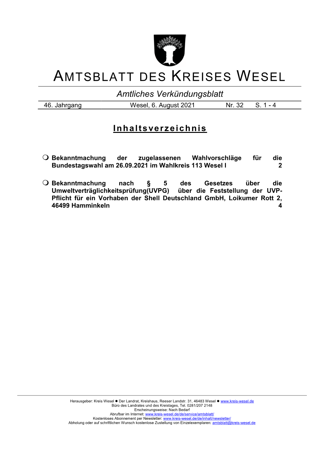 Amtsblatt Des Kreises Wesel, 46. Jahrgang, Nummer 32