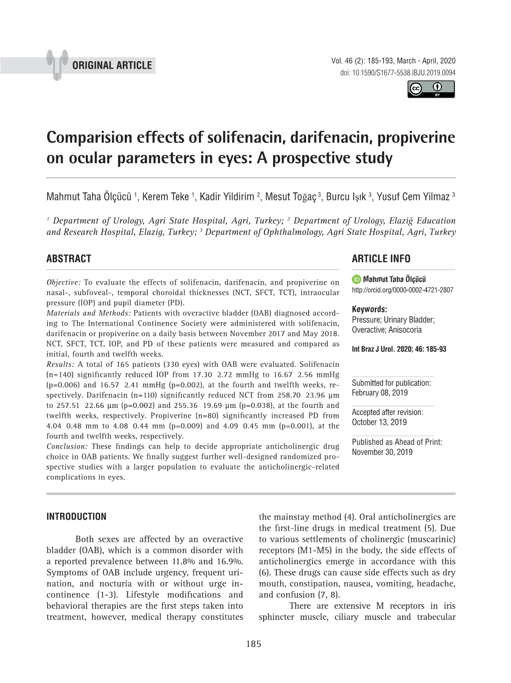 Comparision Effects of Solifenacin, Darifenacin, Propiverine on Ocular Parameters in Eyes: a Prospective Study ______