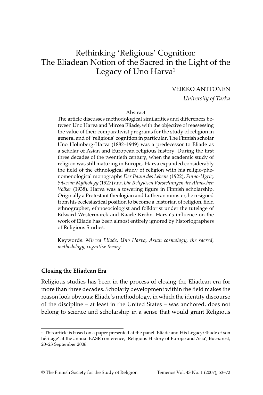 Religious’ Cognition: the Eliadean Notion of the Sacred in the Light of the Legacy of Uno Harva1