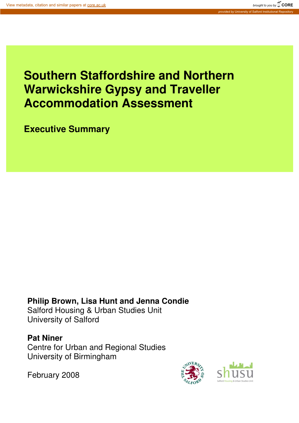 Southern Staffordshire and Northern Warwickshire Gypsy and Traveller Accommodation Assessment