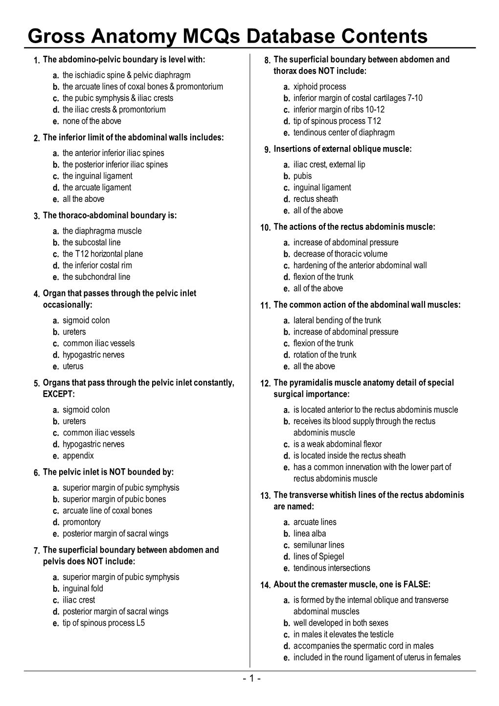 Gross Anatomy Mcqs Database Contents 1