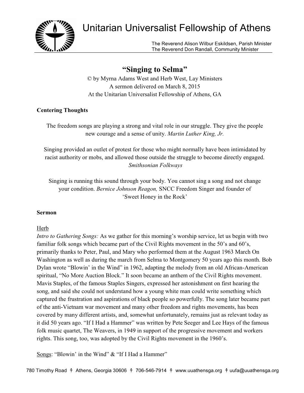 Singing to Selma” © by Myrna Adams West and Herb West, Lay Ministers a Sermon Delivered on March 8, 2015 at the Unitarian Universalist Fellowship of Athens, GA