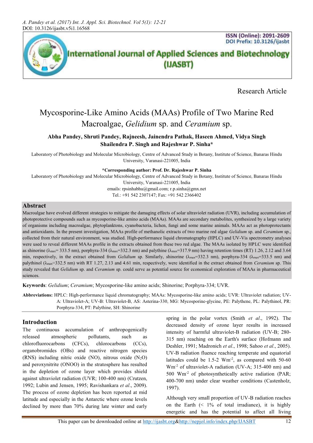 Mycosporine-Like Amino Acids (Maas) Profile of Two Marine Red Macroalgae, Gelidium Sp